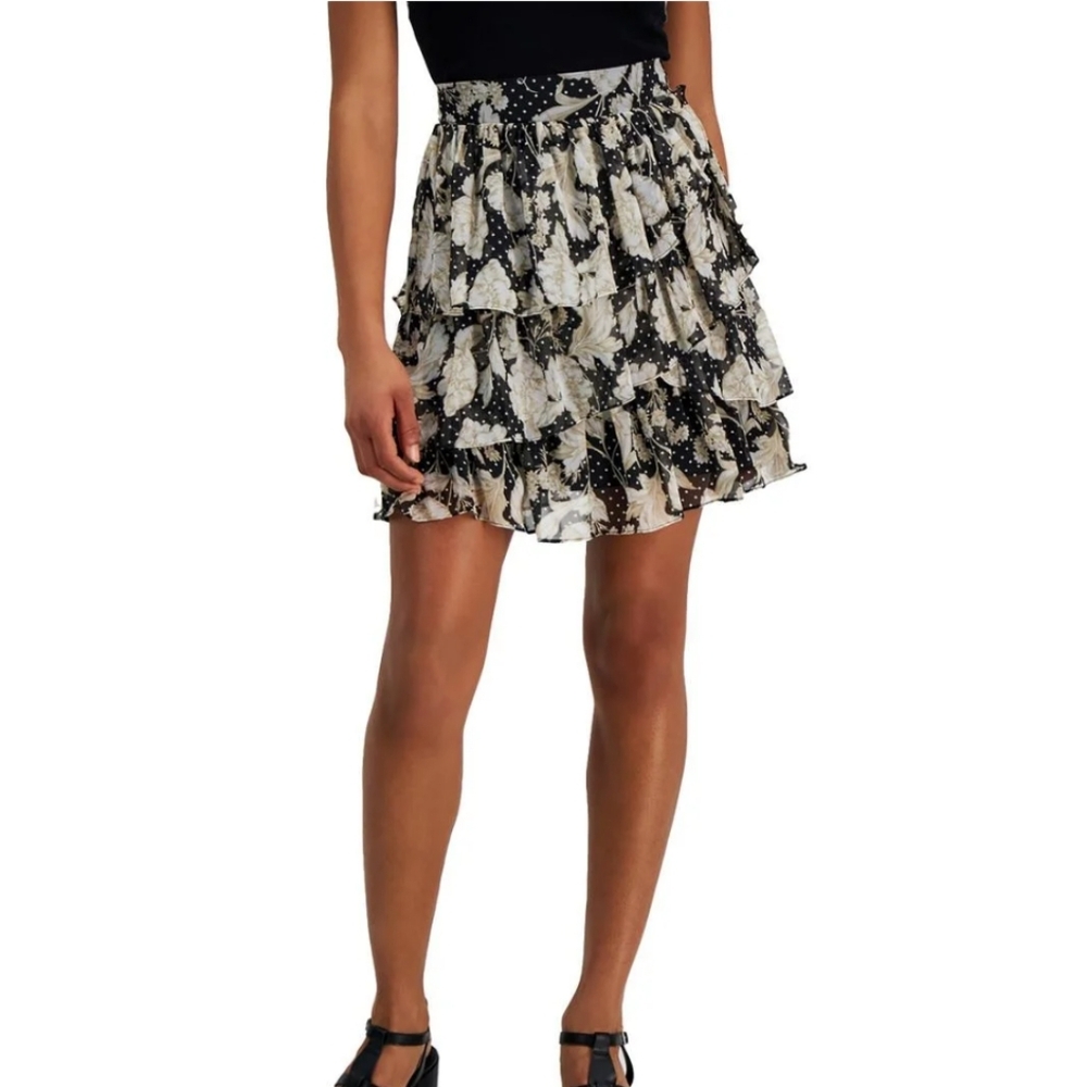 Guess Women's Size XS Floral Print Combo Polka Dot Ruffle Skirt Black/Beige